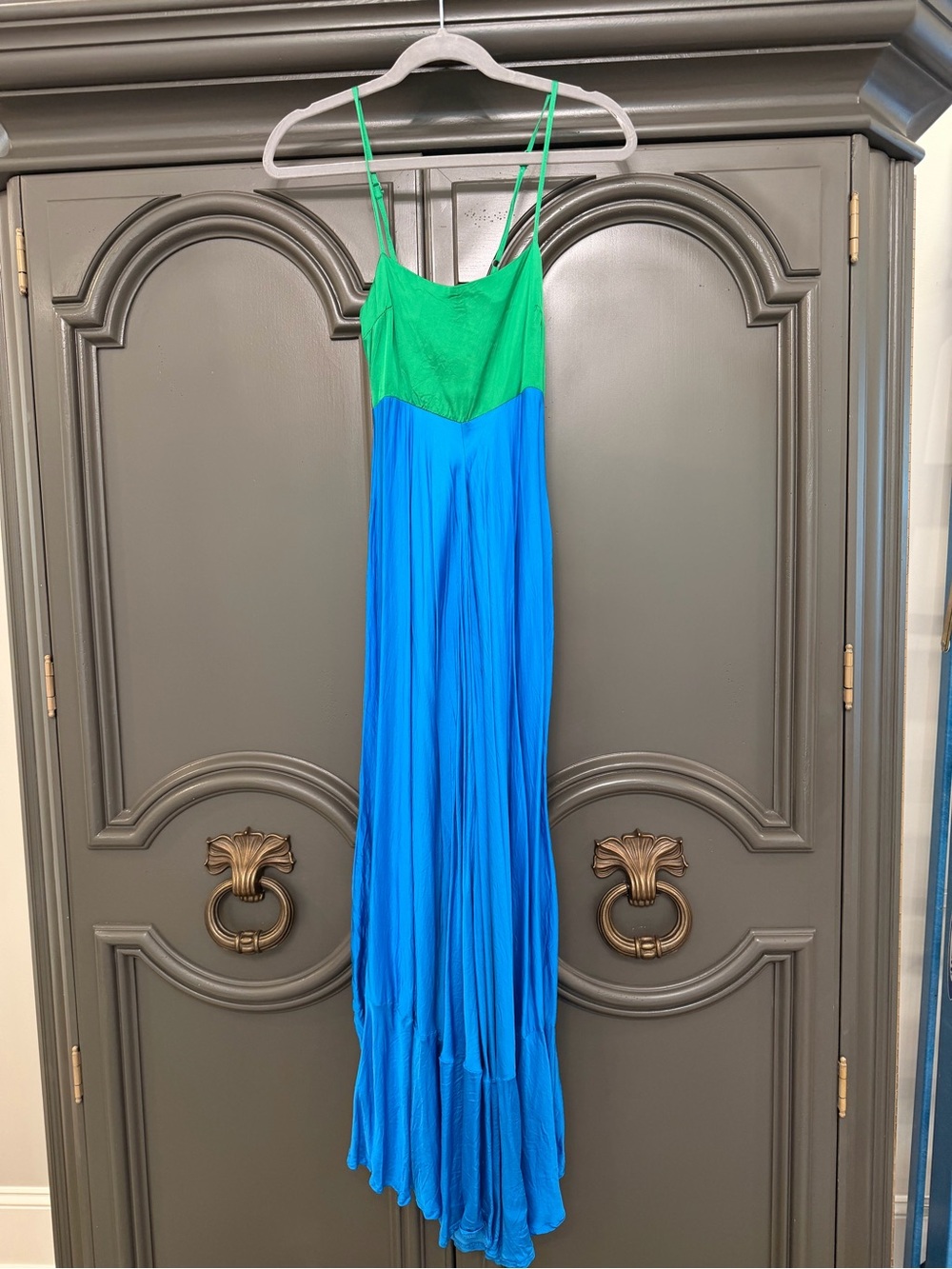 Olivaceous Green Bodice Blue Pleated Midi Dress